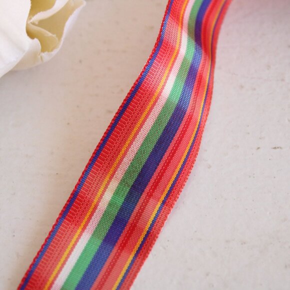 Vintage 1970s Ribbon Trim, Plaid 7/8", 2 Yards, Red Blue Yellow And Green Tartan - Picture 3 of 10